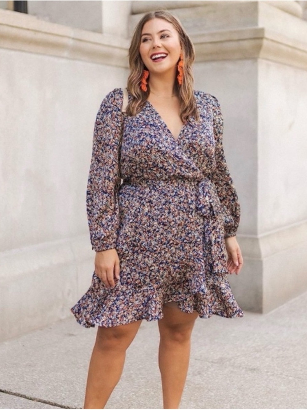 Floral Wrap V-Neck Long Sleeve Dress in Navy Multi